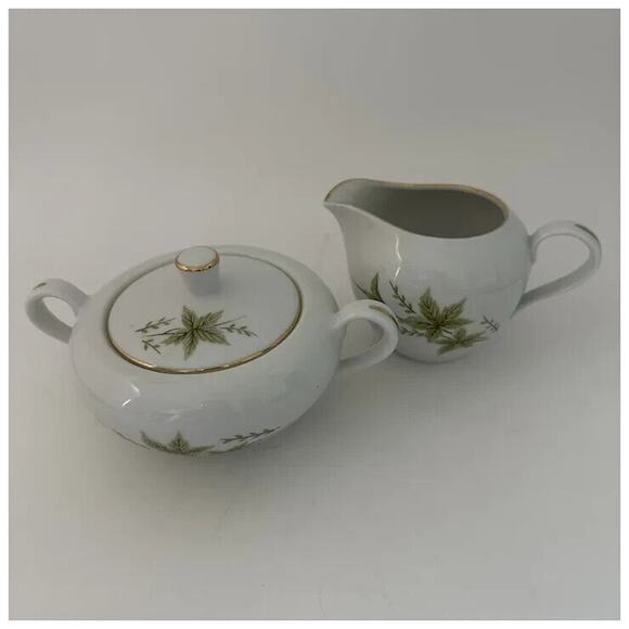 FINE CHINA OF JAPAN, Creamer & Sugar Bowl w/Lid, White with Pink, Green & Brown - Picture 15 of 15